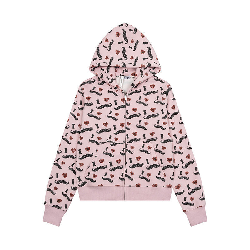 Women's Short Hooded Sweat Jacket with Graphic Print, Ribbed Cuffs, and Kangaroo Pockets Amarae
