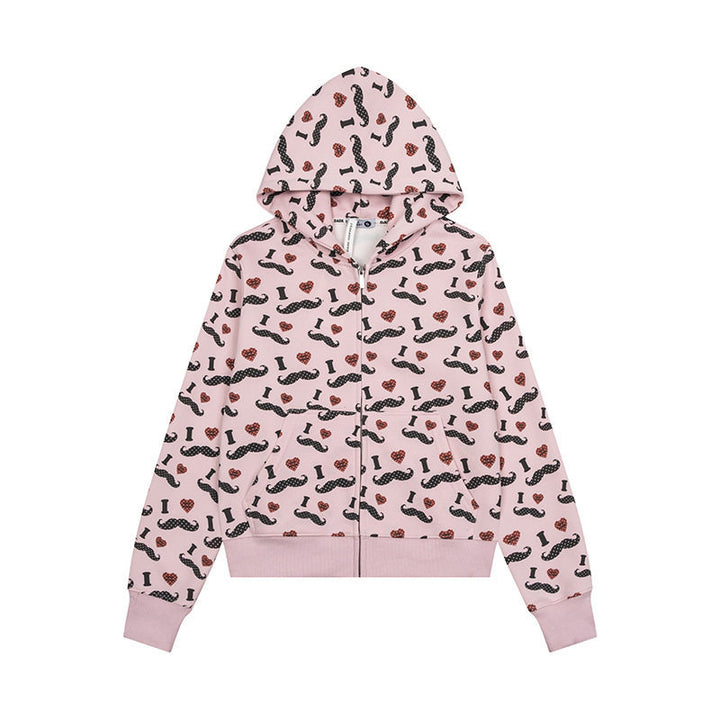 Women's Short Hooded Sweat Jacket with Graphic Print, Ribbed Cuffs, and Kangaroo Pockets Amarae