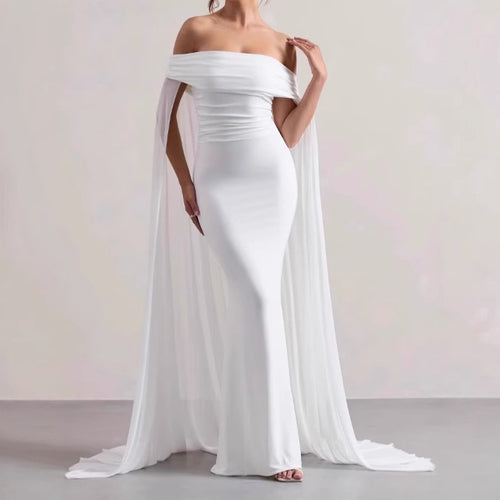 Elegant evening dress for women with off-the-shoulder design, flowing sheer cape, and flattering cut Amarae