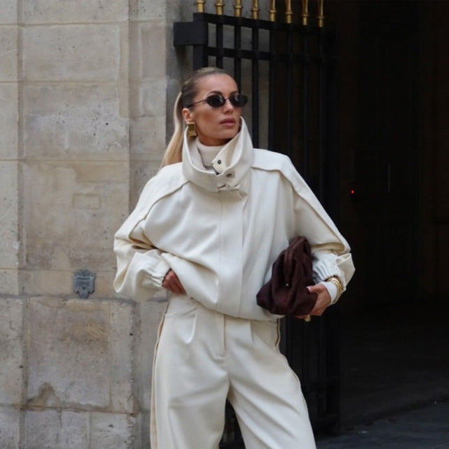 Women's Two-Piece Oversized Jacket and Pleated Pants Set with High Stand Collar Amarae
