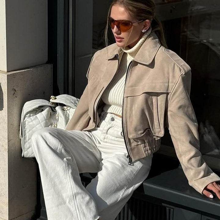 Women short blazer made of suede leather look with oversized shoulder and concealed zipper Amarae