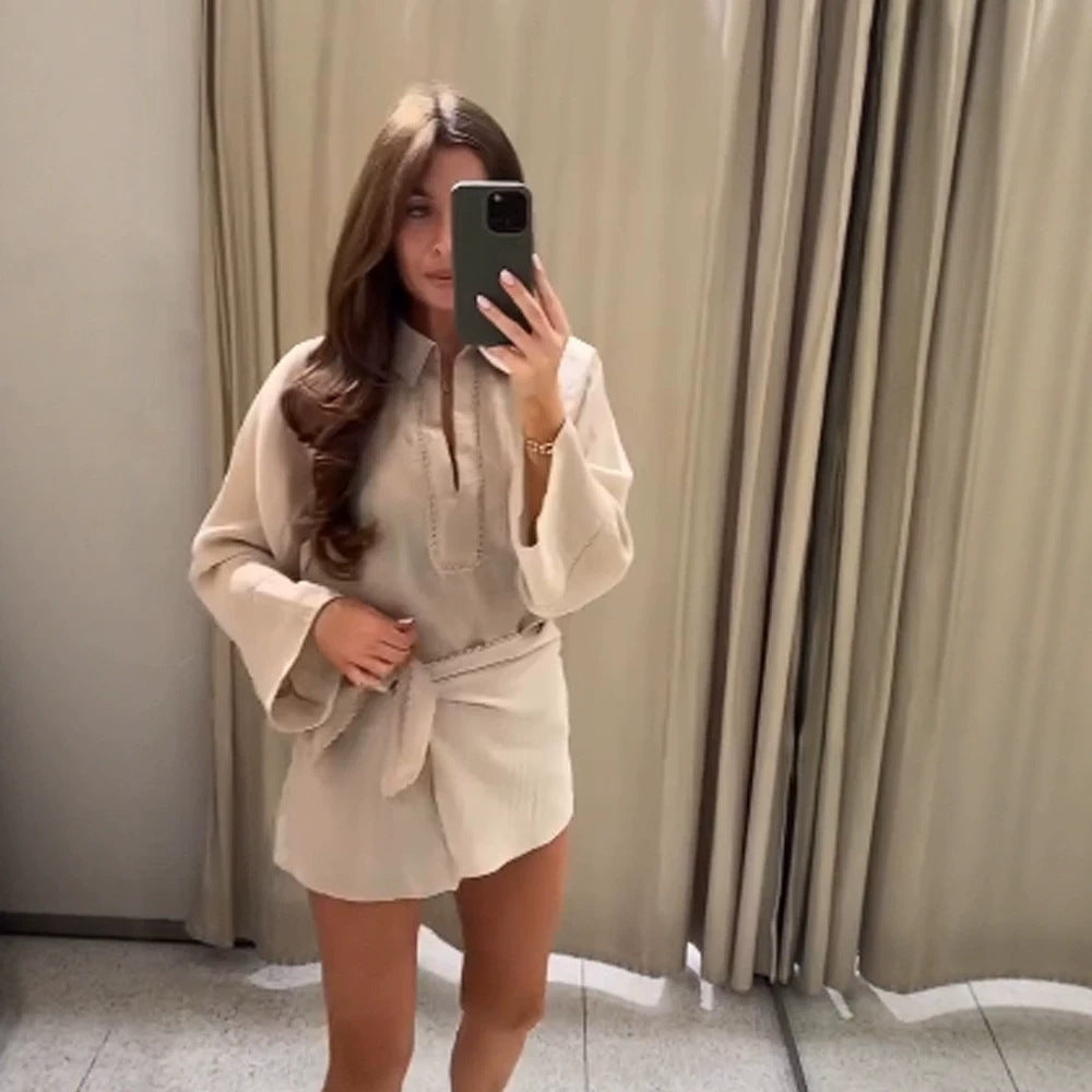 Ladies Lightweight Crinkle Two-Piece with Oversized Shirt and Wrap Mini Skirt Amarae