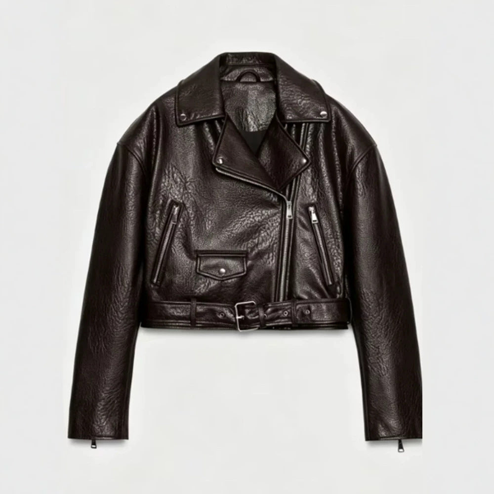 Women's short-cut biker jacket made of faux leather with a waist belt and asymmetrical zipper Amarae