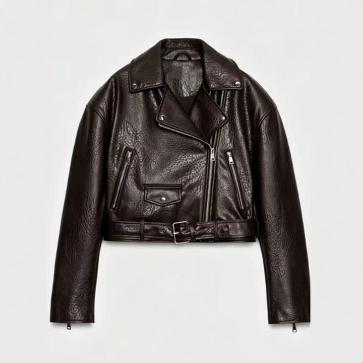 Women's short-cut biker jacket made of faux leather with a waist belt and asymmetrical zipper Amarae