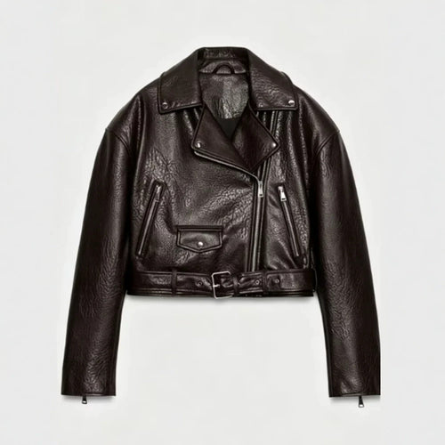 Women's short-cut biker jacket made of faux leather with a waist belt and asymmetrical zipper Amarae