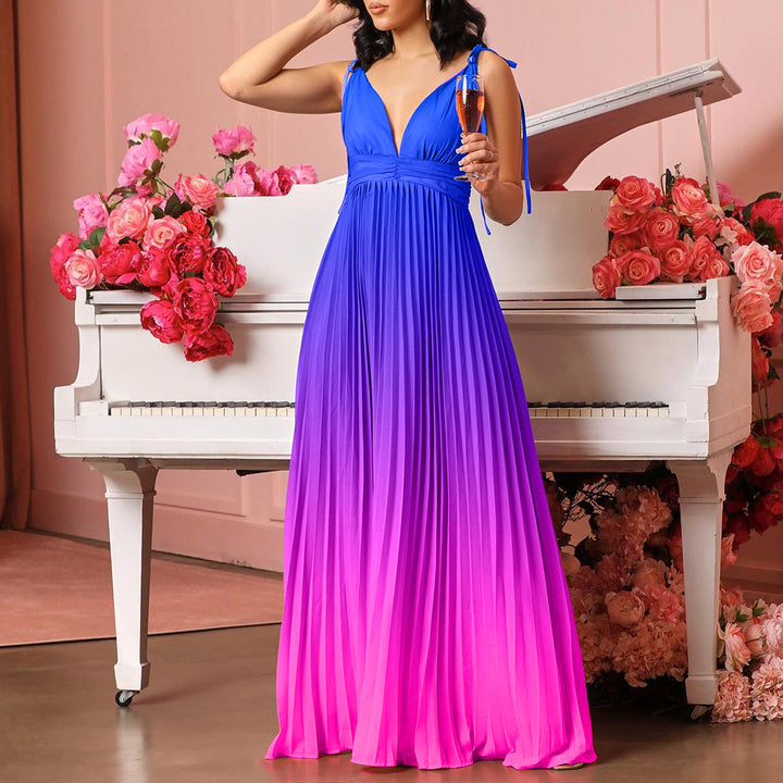 Lune London pleated maxi dress for women with adjustable straps and V neck
