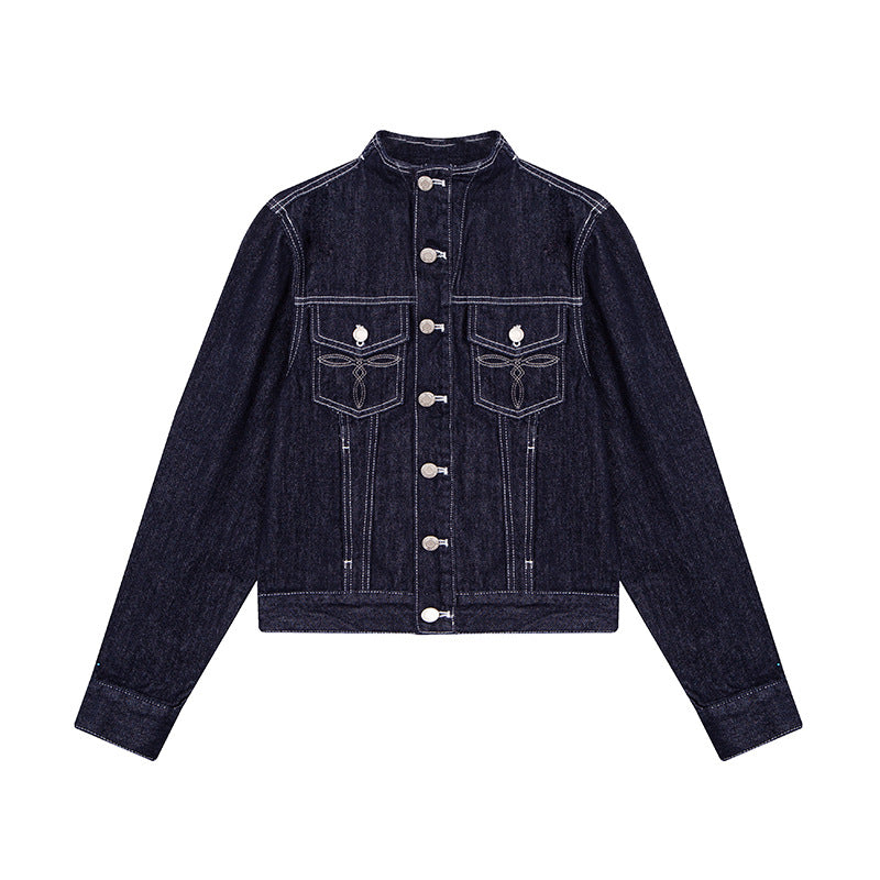 Women Tailored Denim Jacket with Stand-Up Collar, Decorative Seams and Metal Button Closure Amarae