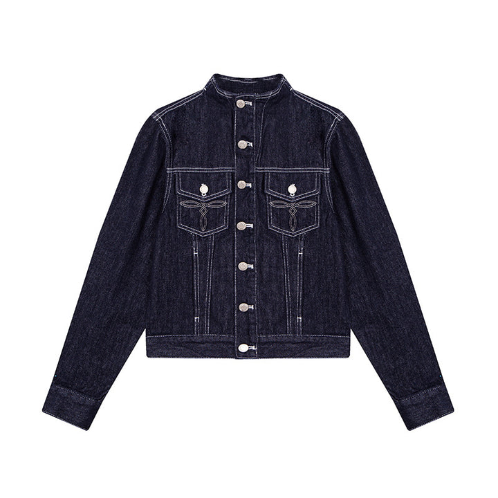 Women Tailored Denim Jacket with Stand-Up Collar, Decorative Seams and Metal Button Closure Amarae