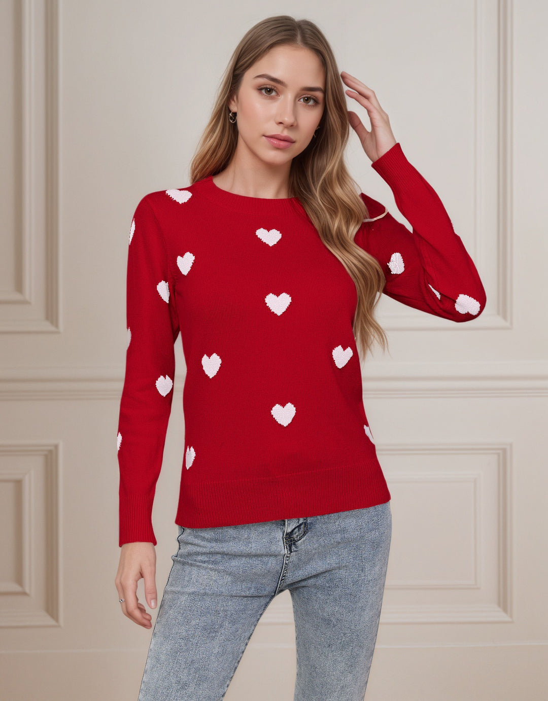 Pull en tricot pour dames avec motif cœur et texture fine Chic & Stil