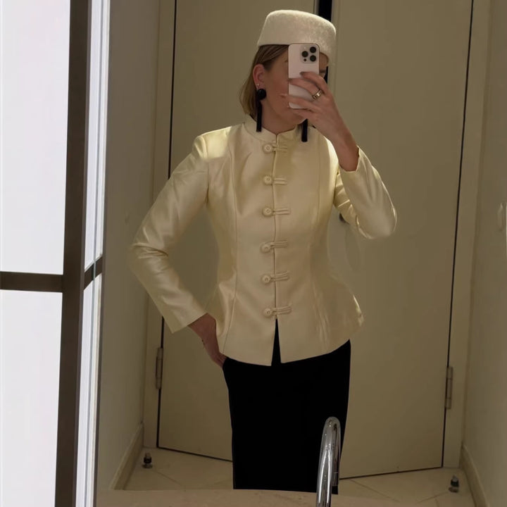 Women Tailored Mandarin Blazer with Frog Buttons and Shaping Darts Amarae