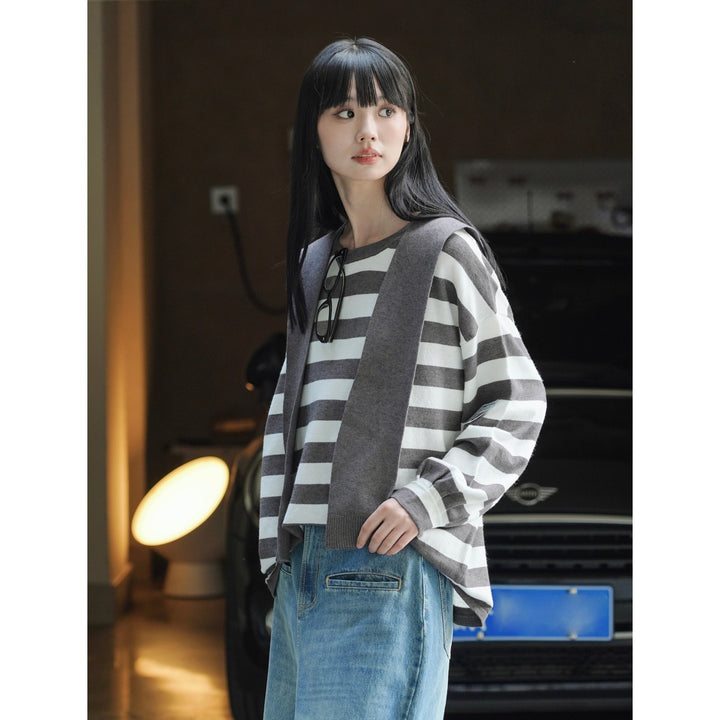 Women's Striped Cotton Fine Knit Sweater with Attached Knit Scarf Amarae
