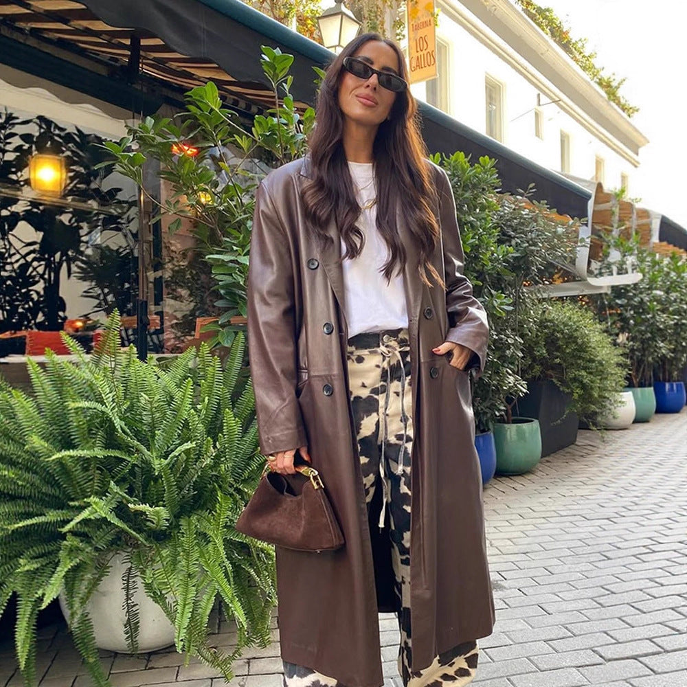 Women's long faux leather coat with double-breasted button placket and oversize fit Amarae