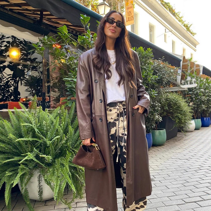 Women's long faux leather coat with double-breasted button placket and oversize fit Amarae
