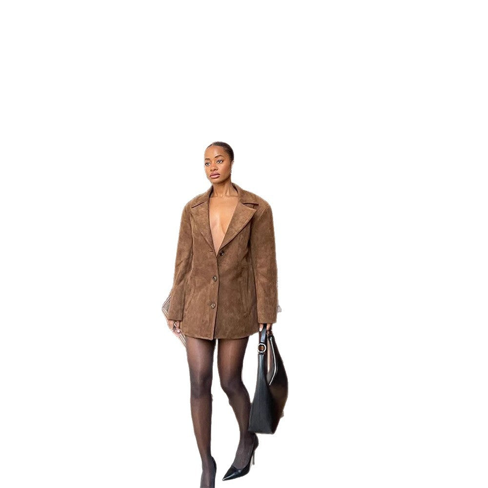 Women Short Suede Blazer Coat with Boxy Oversized Silhouette and Lapel Collar Amarae