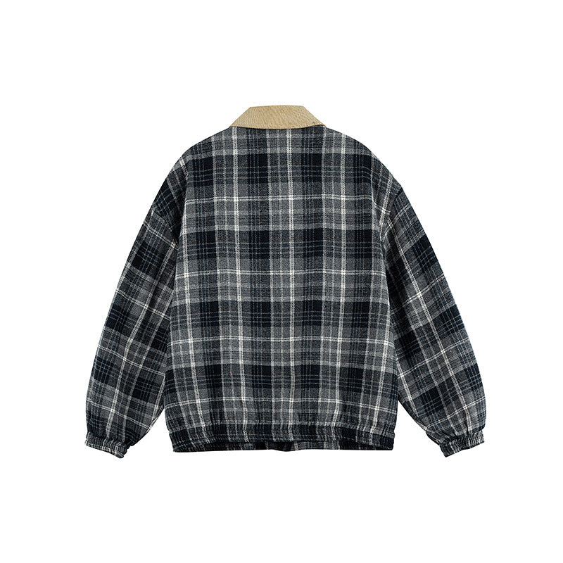 Unisex Checkered Boxy Over Shirt Jacket with Corduroy Collar, Concealed Zipper and Patch Flap Pockets Amarae