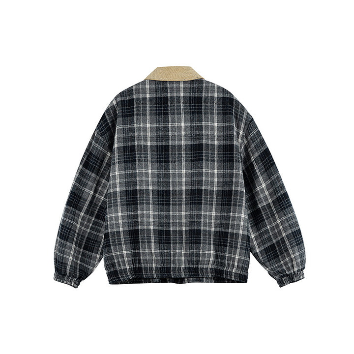 Unisex Checkered Boxy Over Shirt Jacket with Corduroy Collar, Concealed Zipper and Patch Flap Pockets Amarae
