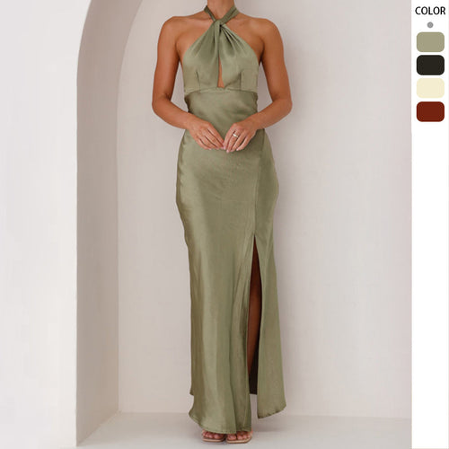 Women's Elegant Wrap Maxi Dress in Halterneck Style with Side Slit and Waist Belt