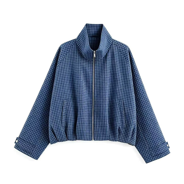 Women's Cropped Transition Jacket with High Funnel Collar, Check Pattern and Elastic Hem Amarae