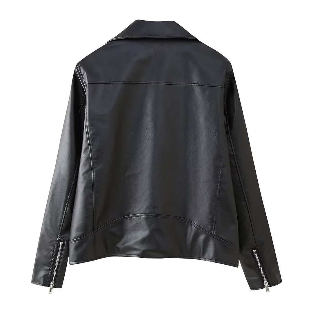 Faux leather jacket for women with asymmetrical zipper and decorative zipper details Lune London