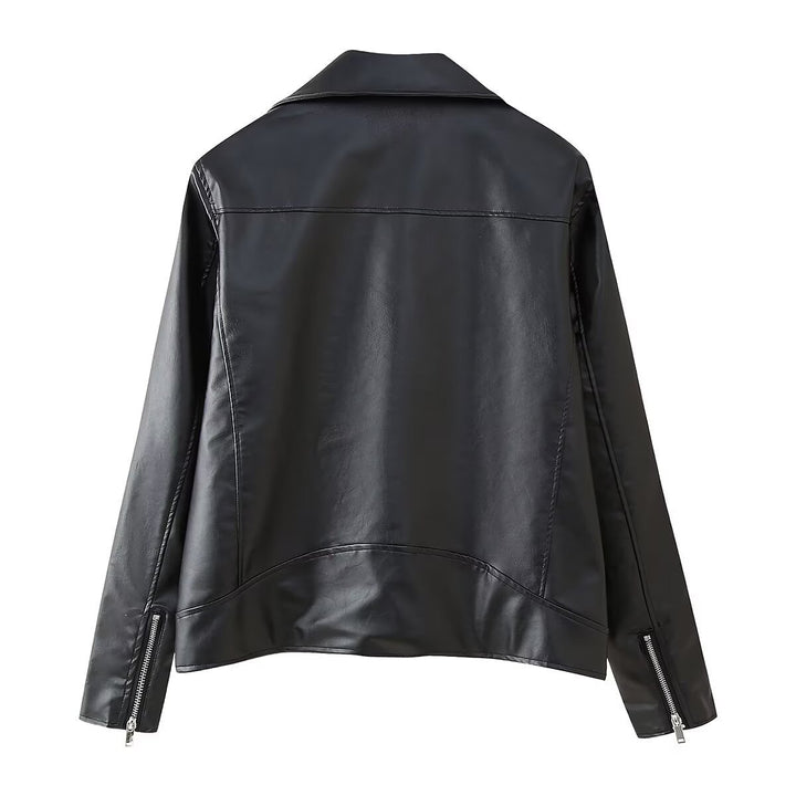 Faux leather jacket for women with asymmetrical zipper and decorative zipper details Lune London