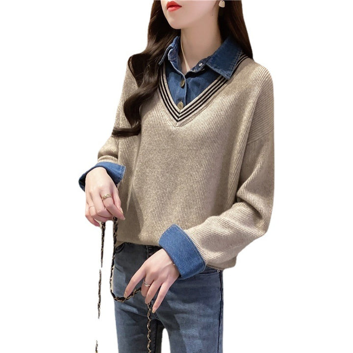 Women's V-neck sweater with denim details Lune London