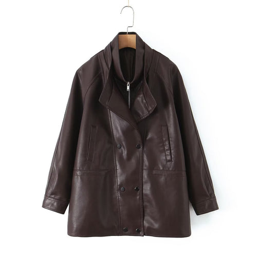 Trendy faux leather jacket for women with removable collar and practical pockets Amarae