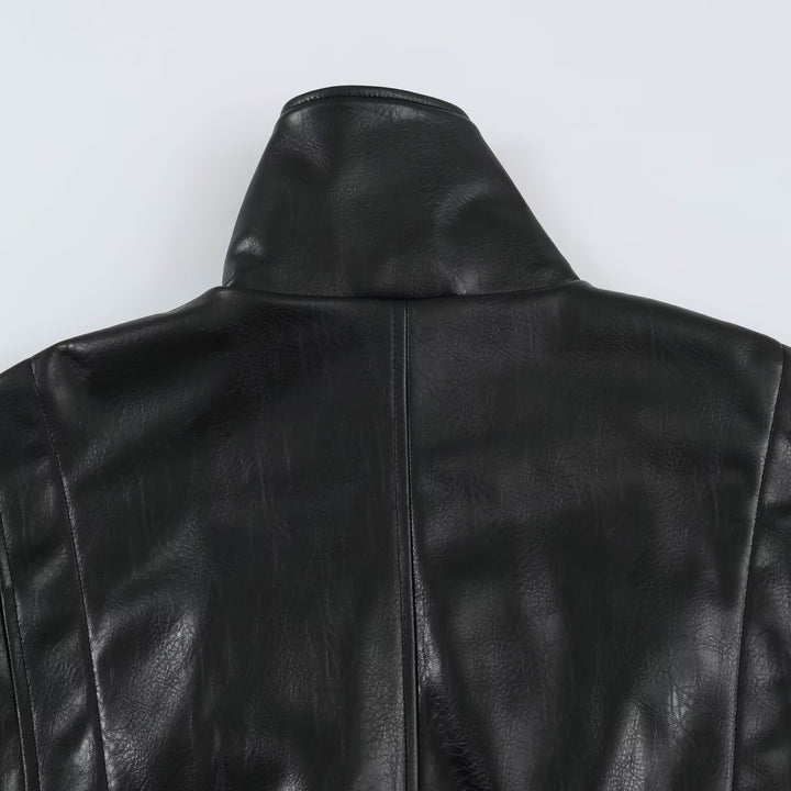 Women's Oversized Leather Look Blouson Jacket with Stand-up Collar and Elastic Hem Amarae