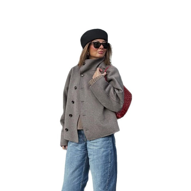 Women's Short Wool Blend Coat with Asymmetrical Button Placket and High Standing Collar Amarae