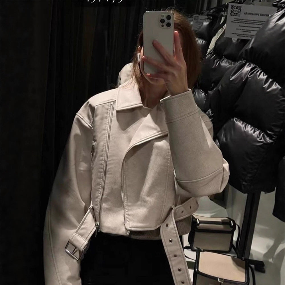 Women Short-Cut Biker Jacket Made of Faux Leather with Waist Belt Amarae