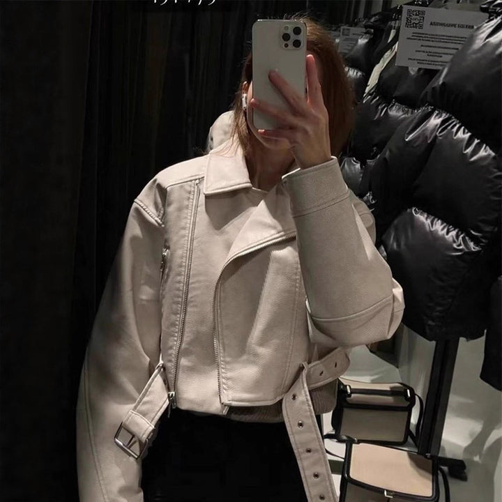 Women Short-Cut Biker Jacket Made of Faux Leather with Waist Belt Amarae