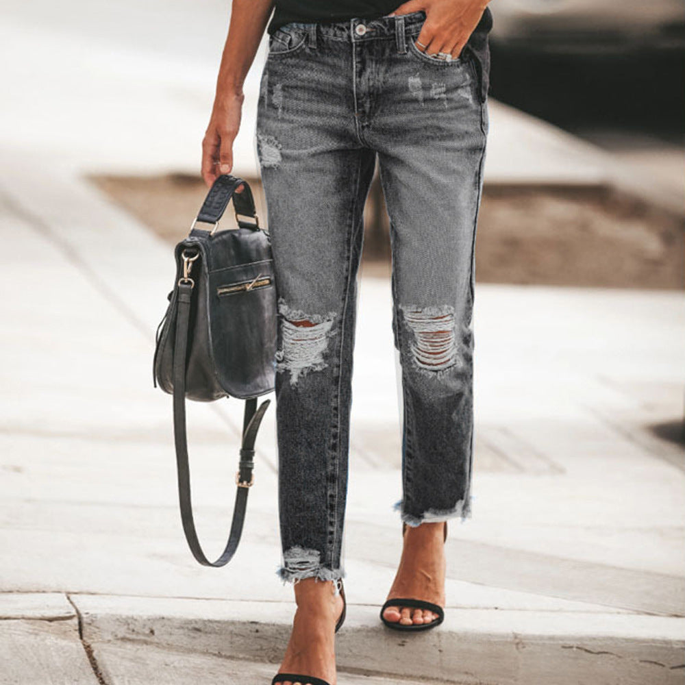 Women’s Ripped Denim Jeans with Casual Cut and Frayed Hem Lune London