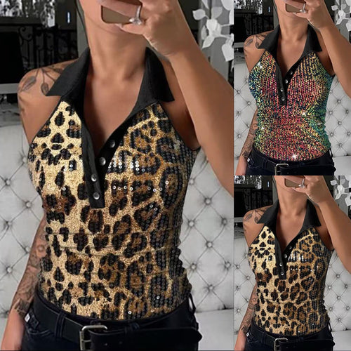 Women Sequin Leopard Print Polo Shirt Amarae