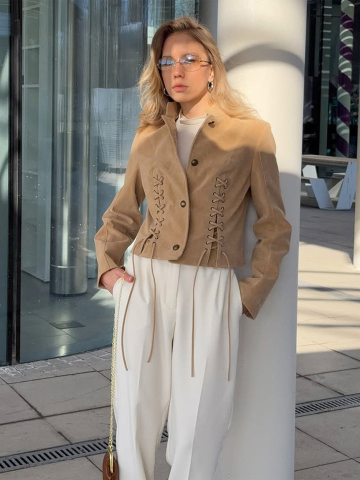 Women's short blazer made of suede with a fitted lace-up corset and stand-up collar Amarae