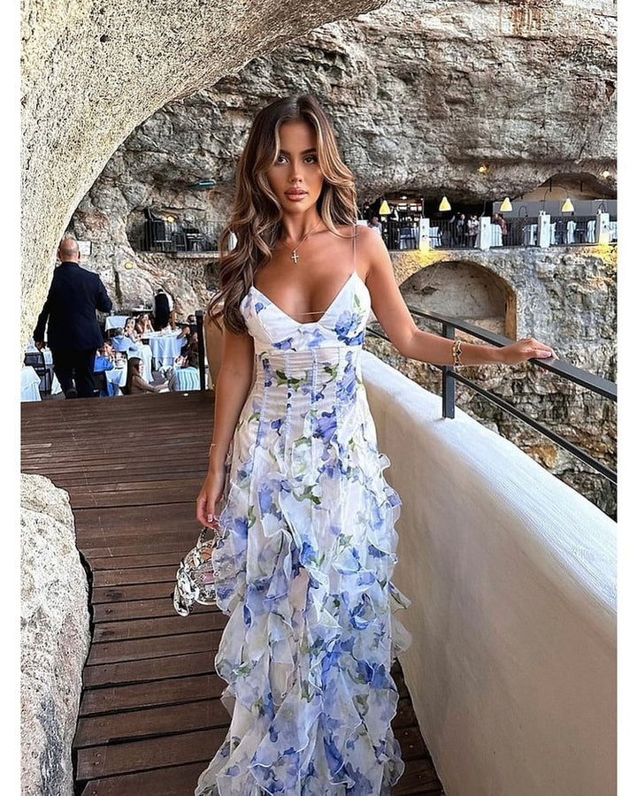 Women’s maxi dress with floral ruffles and flowing hem