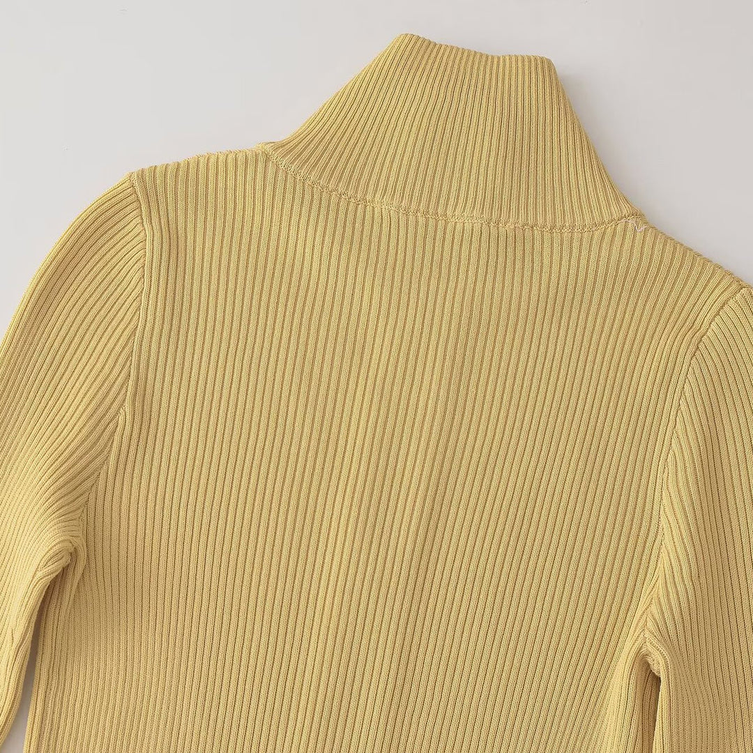 Women's Ribbed Fine Knit Cardigan with Full Zip and Stand-Up Collar Amarae