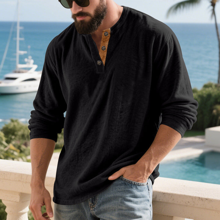 Men's long sleeve Henley shirt with textured fabric and trendy button details Lune London