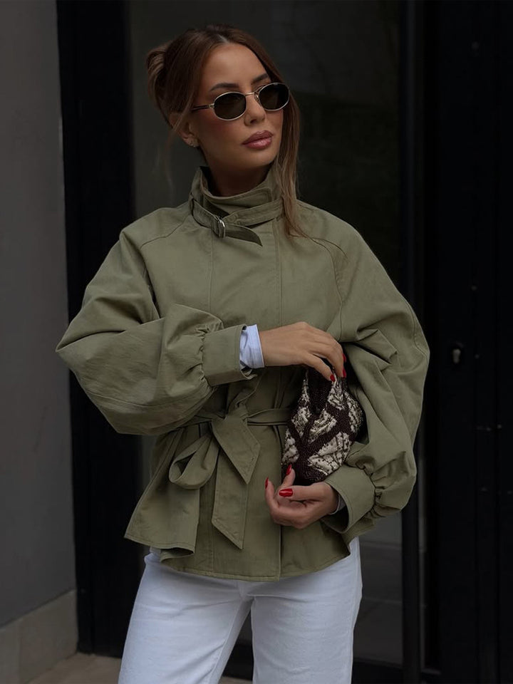 Women's Tailored Short Parka with Stand-up Collar, Balloon Sleeves and Ties Belt Amarae