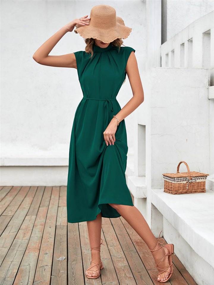 Ladies Elegant Midi Dress with Tied Belt and Classic Collar Lune London