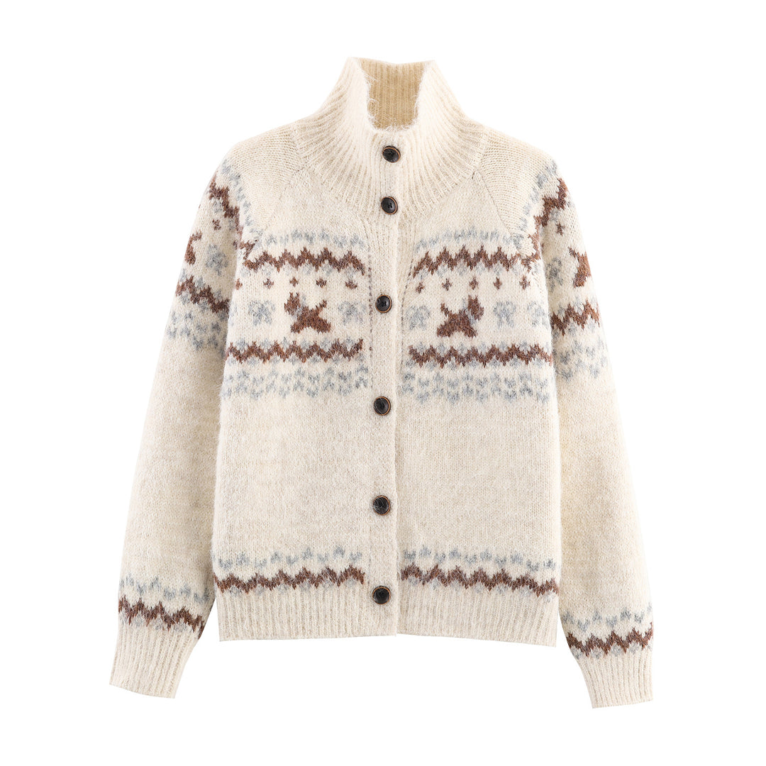 Women's knit cardigan with Norwegian pattern and high roll neck Amarae