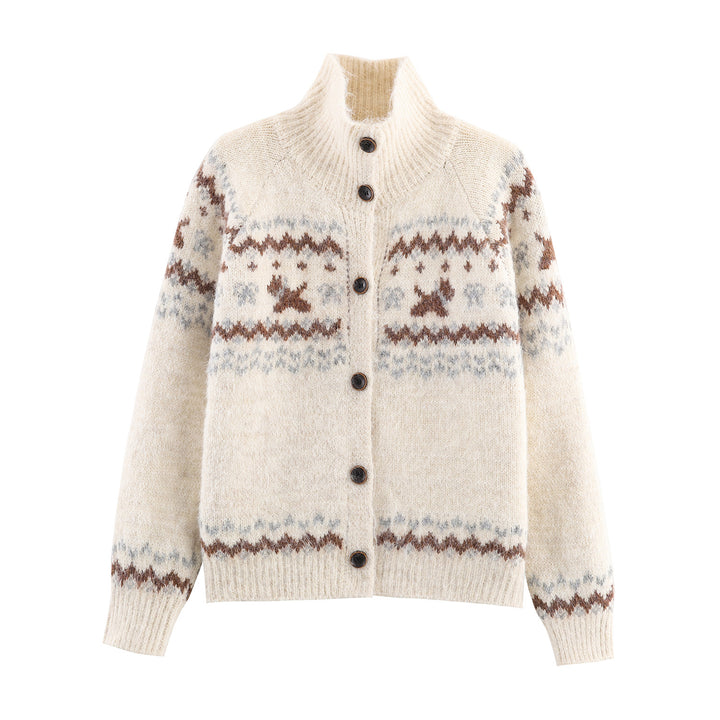 Women's knit cardigan with Norwegian pattern and high roll neck Amarae