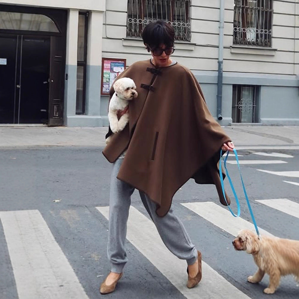 Women's Oversize Cape Coat made of wool blend with high stand-up collar and leather tabs Amarae