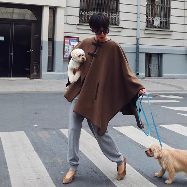 Women's Oversize Cape Coat made of wool blend with high stand-up collar and leather tabs Amarae