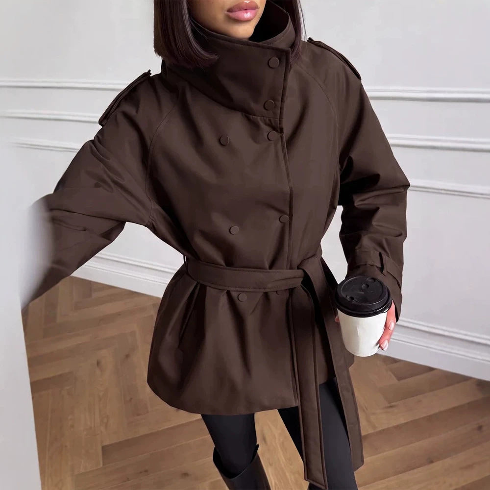 Women Short Technical Trench with High Collar Flap, Double Press Button Placket and Tailoring Tie Belt Amarae