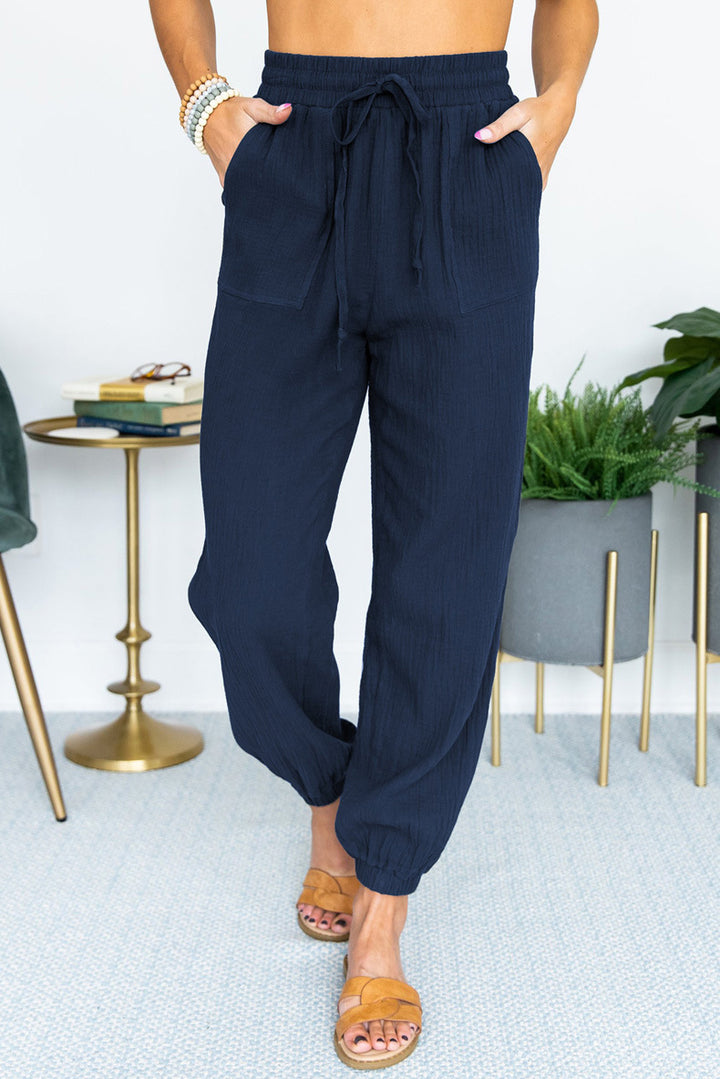 Women's Lightweight Linen Jogger Pants with Drawstring, Patch Pockets, and Elastic Cuffs Amarae