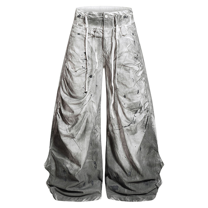 Women's High-Waisted Wide Culotte Pants with Draped Pleats, Drawstring and Speckle Print Amarae