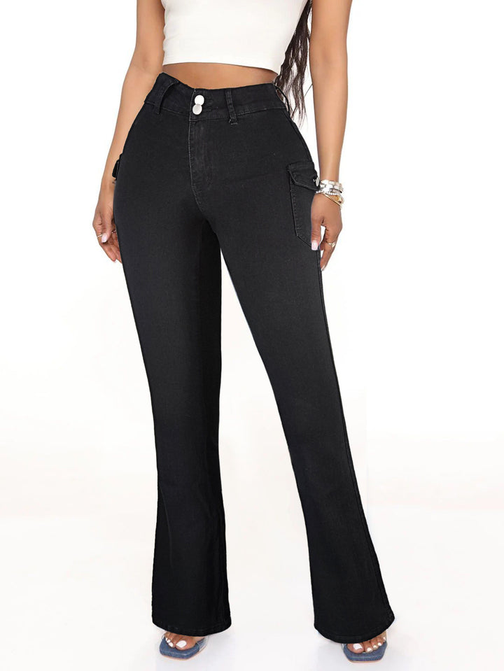 Women's High-Waisted Flared Denim Pants with Side Cargo Flap Pockets & Double Button Amarae