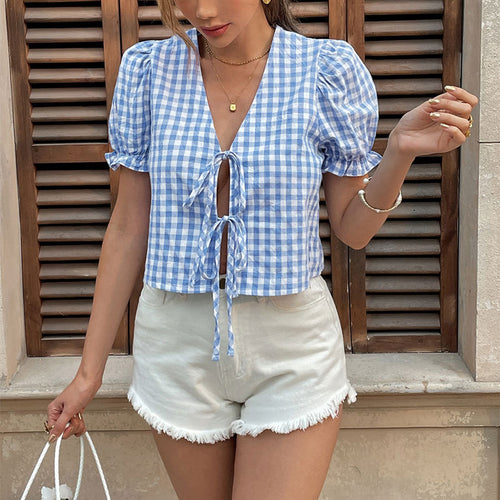 Short checkered top with puff sleeves for women with tie detail Amarae