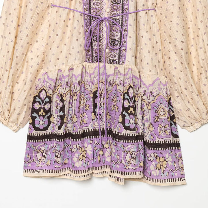 Women’s Boho midi dress with embroidered button placket, balloon sleeves and waist belt Amarae