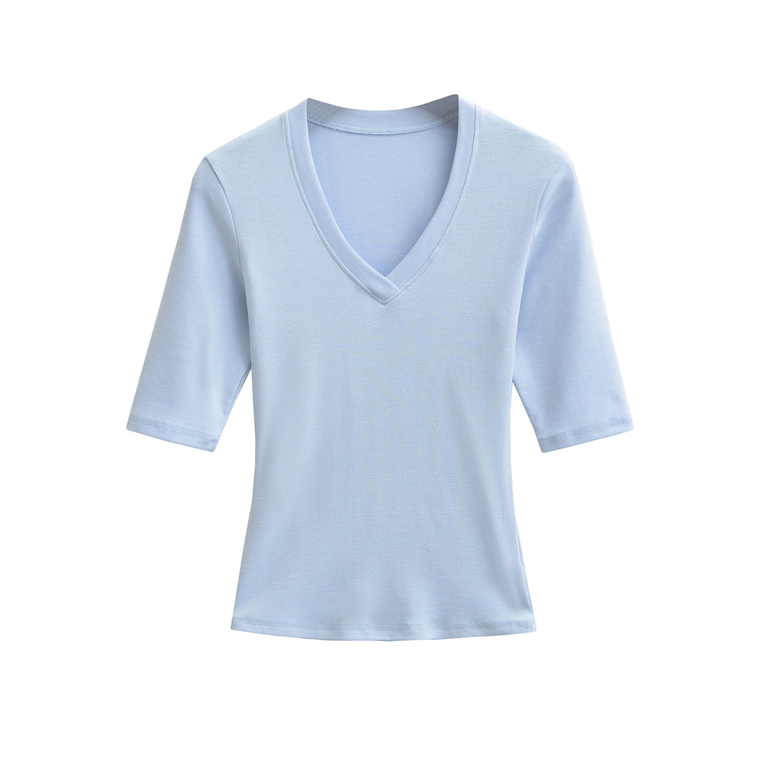 Women's Fitted V-Neck Three-Quarter Sleeve Fine Rib Top made of Stretch Jersey Amarae