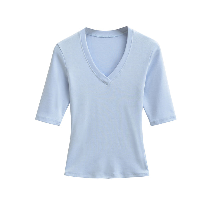 Women's Fitted V-Neck Three-Quarter Sleeve Fine Rib Top made of Stretch Jersey Amarae